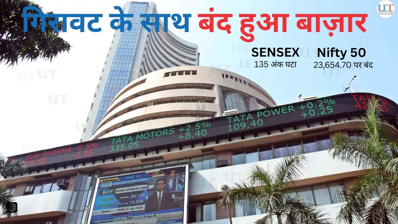 21 मई को Sensex और Nifty गिरावट के साथ बंद होने की जानकारी देता शेयर बाजार अपडेट ग्राफिक
