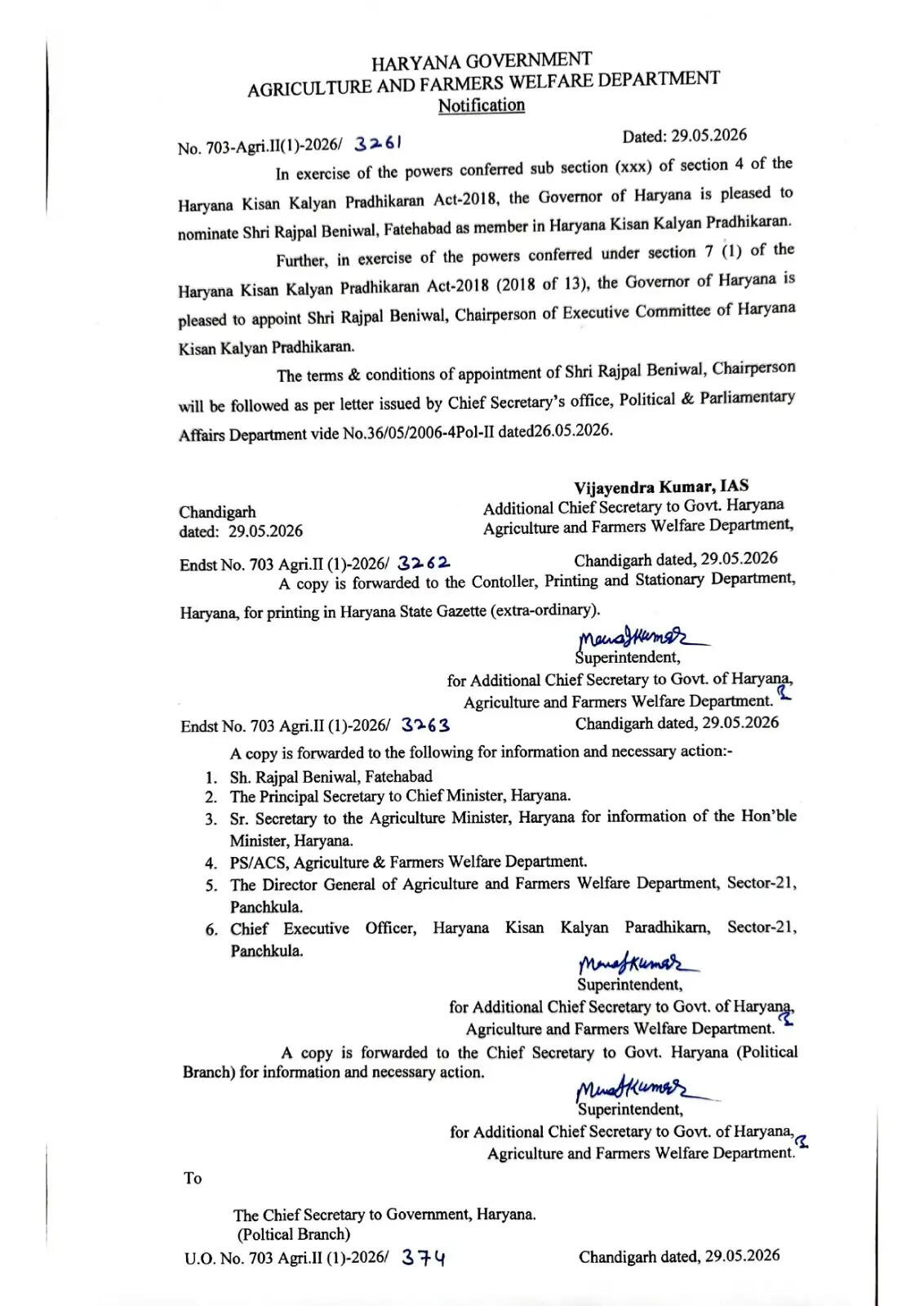 हरियाणा किसान कल्याण प्राधिकरण के नए सदस्य की नियुक्ति