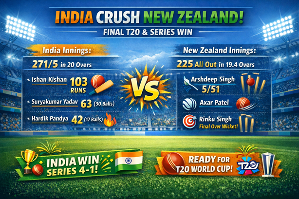 India Thrash New Zealand in Final T20, Win Series 4–1 Ahead of World Cup