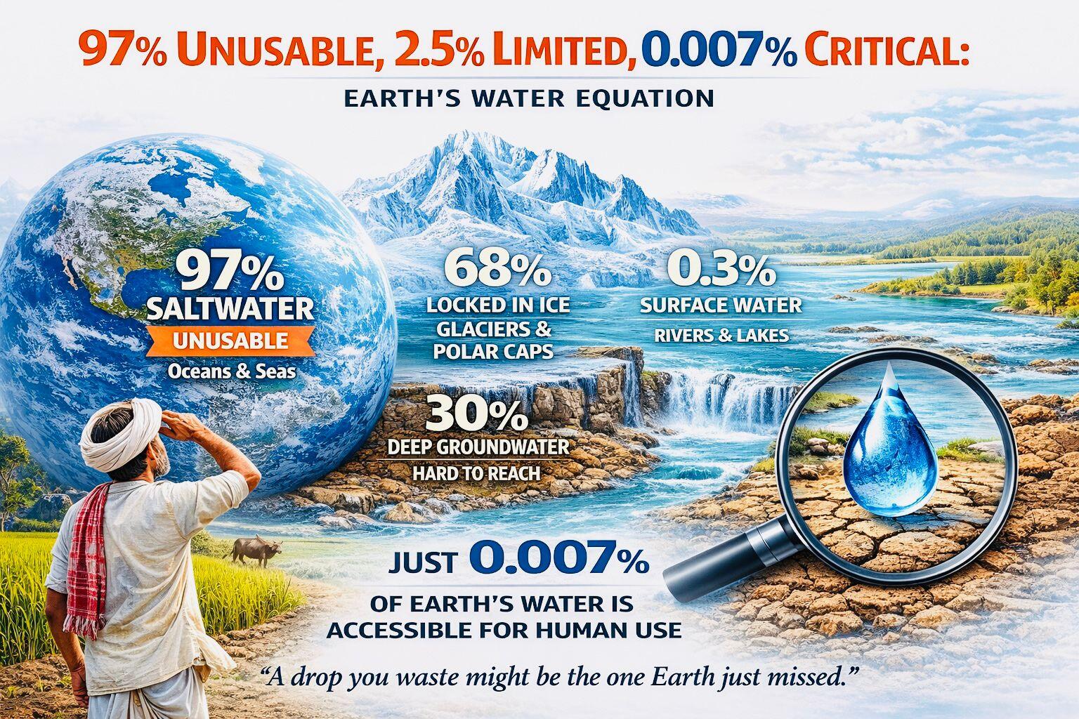 Water Is Very Less The Hidden Water Crisis: Why Only 0.007% of Earth’s Water Sustains Life